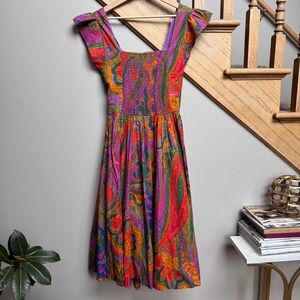 House of Harlow 1960 Paisley Smocked Tie Back Cotton Dress S Pockets Boho Resort